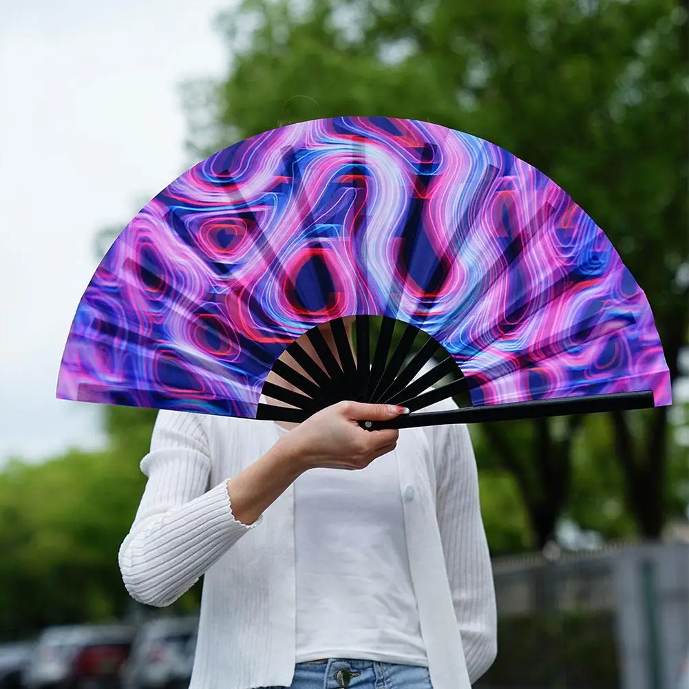 33cm Large Folding Hand Rave Fan Chinease/Japanese Gradient Colorful Reflective Foldable Fan Music Festival Dance Gifts folding fan hand fan