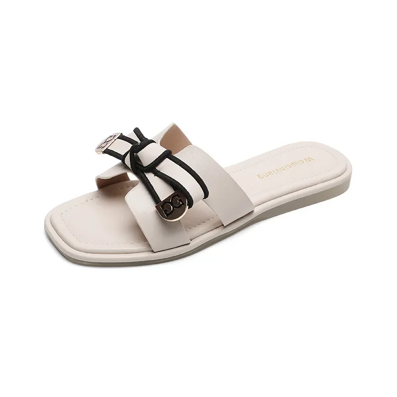 Outside Slippers Plus Size 41-43 Girl Shoes Korean Version Bow Slippers Women Designer Sandals Summer Square Head Slippers Women