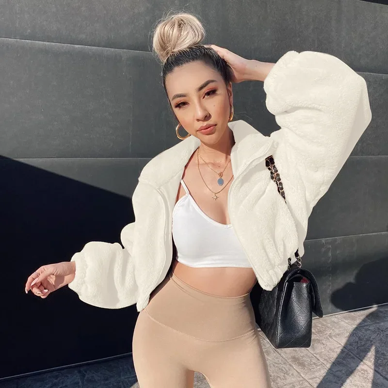 Oversized Zipper Long Sleeve Overcoats Thick Coat Warm Tops 2021 New Fall Winter Fluffy Faux Fur Women Cropped Coats and Jackets