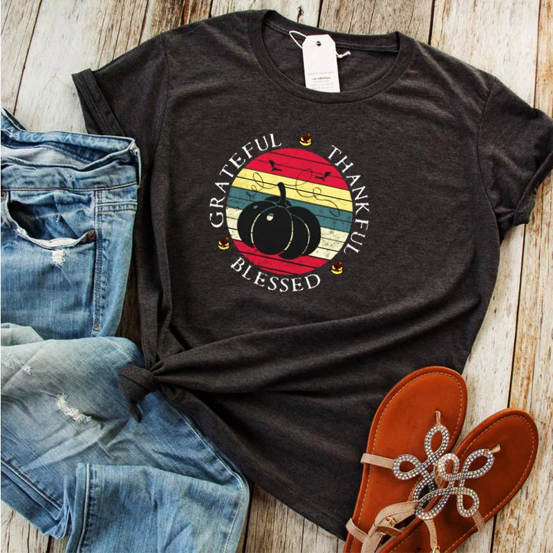 

Grateful Thankful Blessed Thanksgiving Tshirt Halloween Pumpkin Print Tee Aesthetic Women Print Pumpkin Shirts Streetwear Tee M