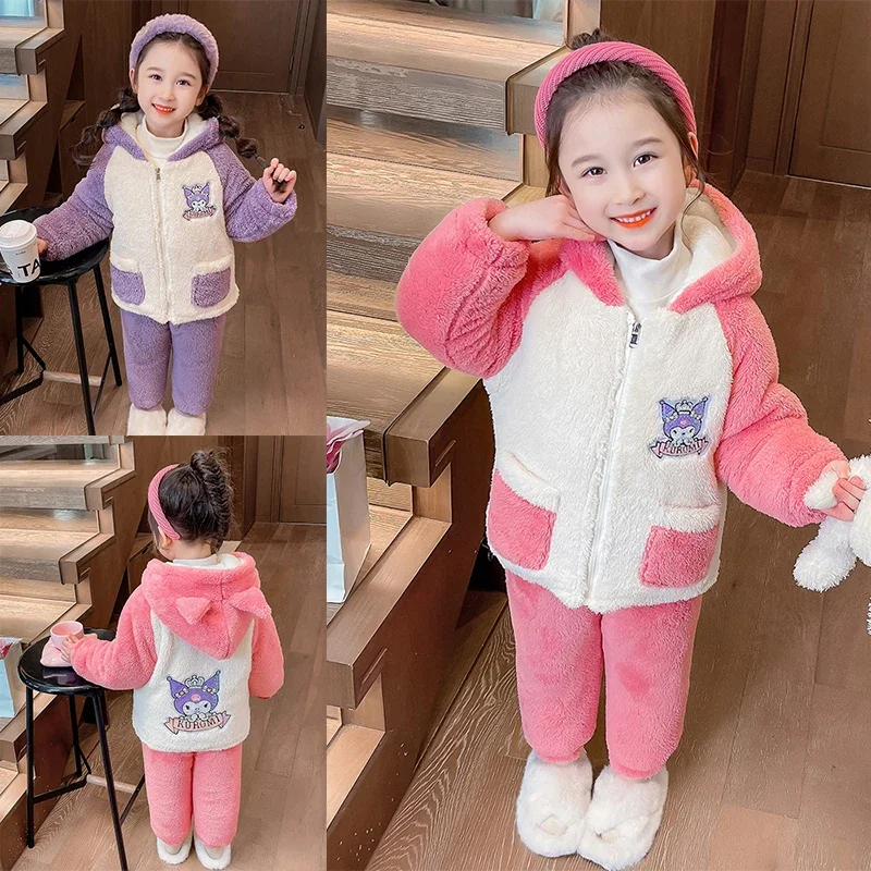 

Kuromied Cardigan Pajamas Flannel Cartoon Cute Tracksuit Child Coral Fleece Plus Velvet Thicken Suit Winter Clothes Popularity