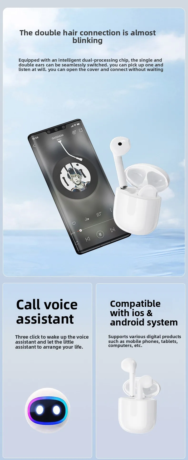 Wireless Bluetooth Headphones 5.3 half-in-ear, large-capacity, long-lasting ster