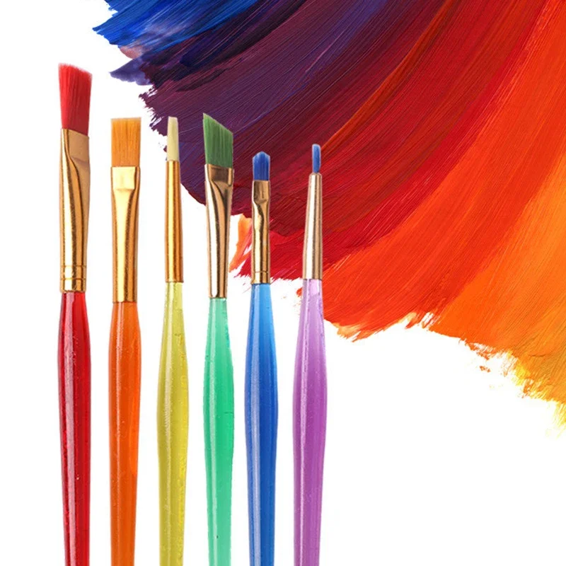Paint Brushes Set 6 Pcs/Set Colorful Tip Flat Child Paint Brushe Plastic Handle Nylon Paint Brushes Set Drawing Art Supplies