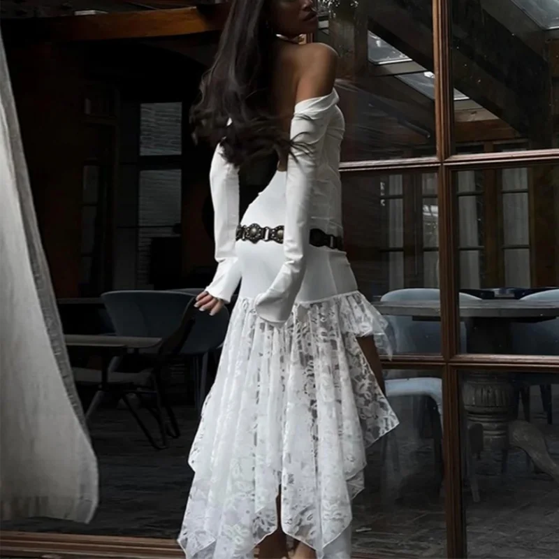 y2k Lace Patchwork Dress Women Clothes Round Neck Long Sleeve Backless Asymmetrical Hem Long Dresses Party Dresses