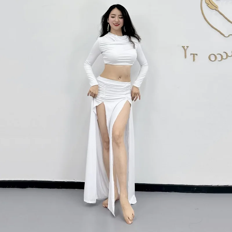 

Oriental Belly Dance 2023 White Double Slit Long Skirt Long Sleeve Belly Dance Ethnic Belly Dance Performance Costume NEW