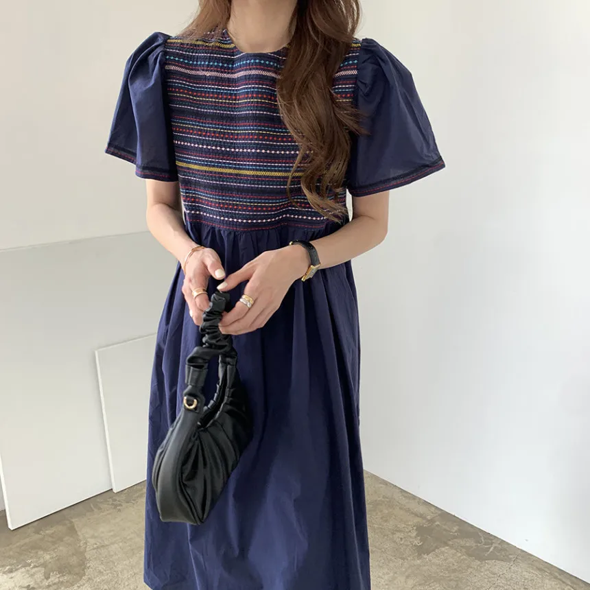 

2022 New Korean Chic Cotton Summer Women Loose Casual Vintage Embroidery O Neck Flying Sleeve Long Dress