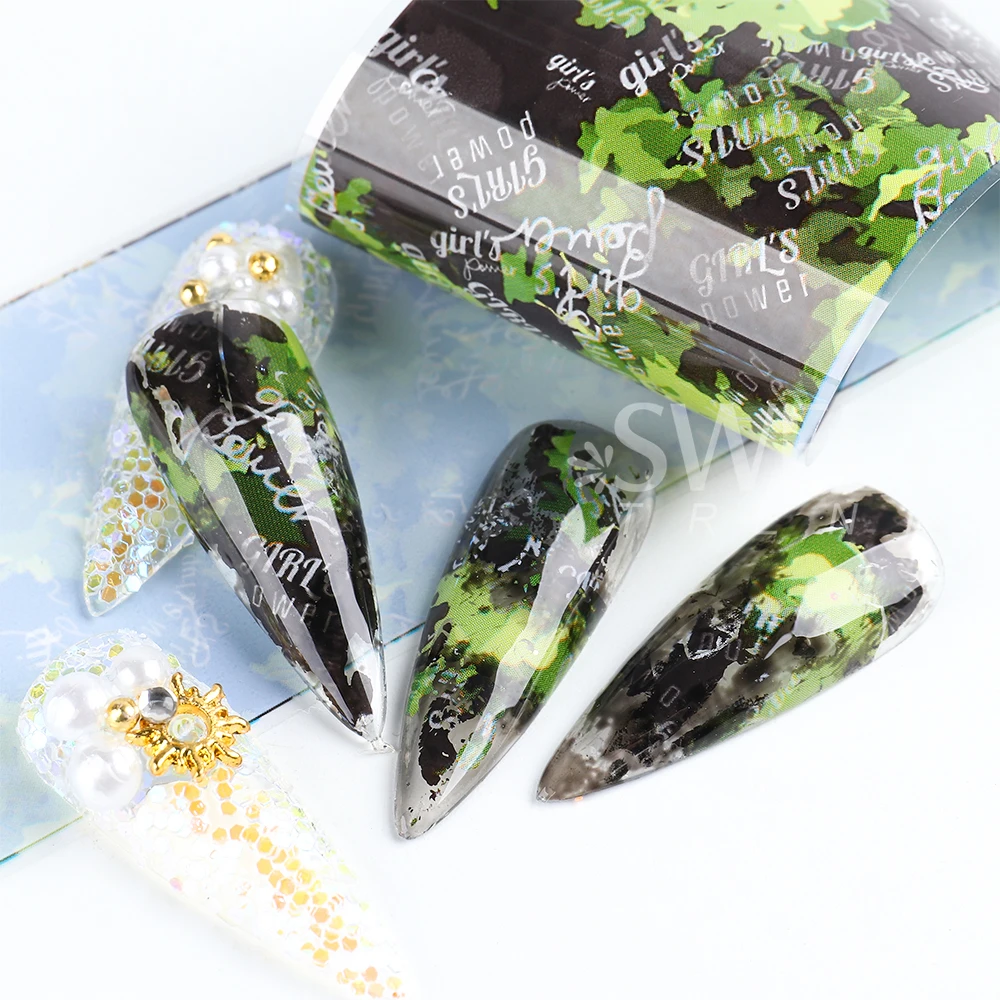 10pcs/set Camouflage Leopard Nail Transfer Foils Starry Sky Stickers Green Manicure Decal Full Wraps Nail Decorations Slider