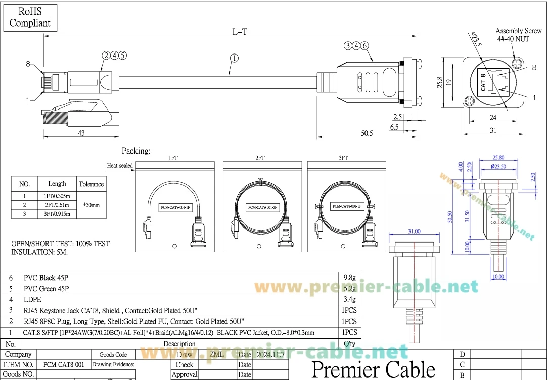 D-Typ-Ethernet-RJ45-Kabel mit Schraubplattenmontage, CAT8-Netzwerk, abgeschirmtes SFTP-Kabel, 40 Gbit/s, RJ45-Keystone-Verlängerungskabel, Stecker auf Buchse – Detail 1