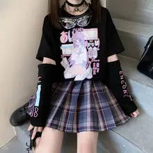 

Cartoon Printed Lolita Cut Sleeve Link Long-Sleeved Tees Bare Elbow Personality Design Women's Bottom Tops Trend Anime T-Shirt