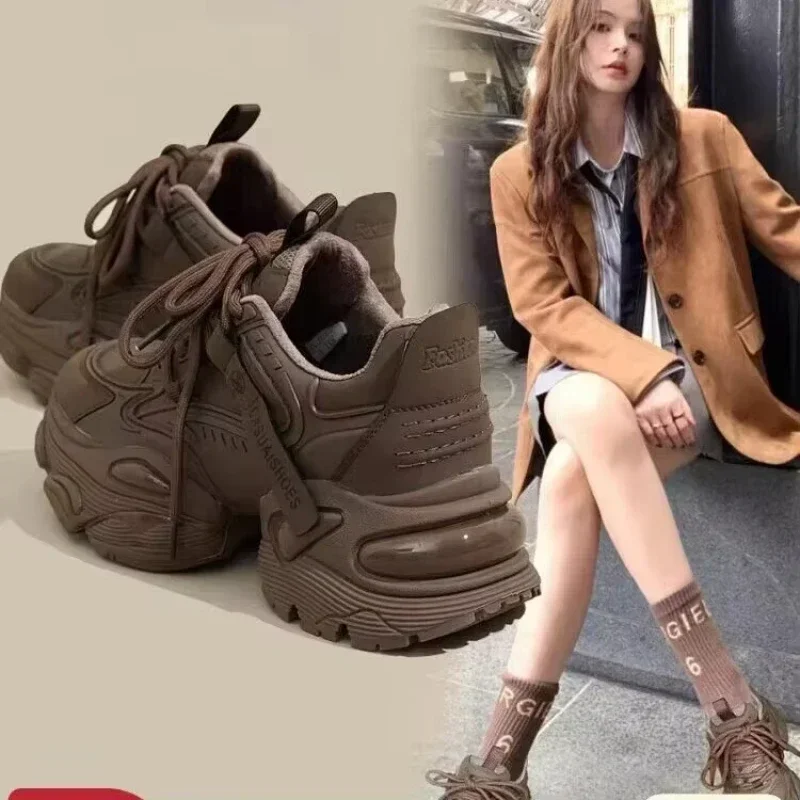 Women Thick Sole Tennis Sneakers Casual Lace Up Wedge Dad Shoes Outdoor Fashion Sports Keep Warm Optional Velvet Lining Sneaker 4