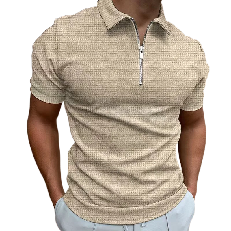 2023-Summer-New-Men-s-Zipper-Waffle-Polo-Shirt-Short-Sleeve-Waffle ...