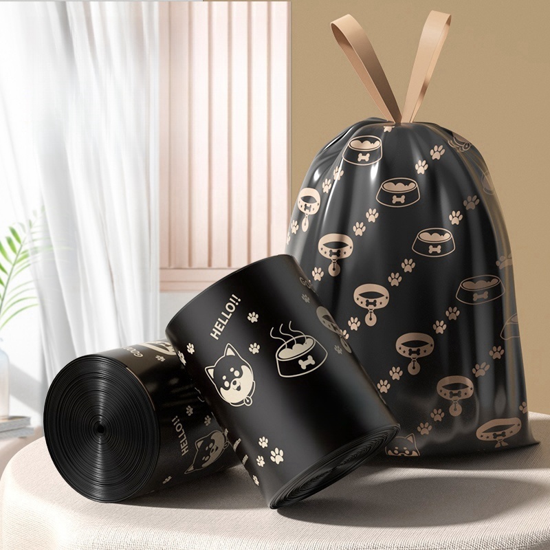 Thickened Black Garbage Bag with Drawstring Large Handheld Retractable for Household Kitchen Office Commercial Use