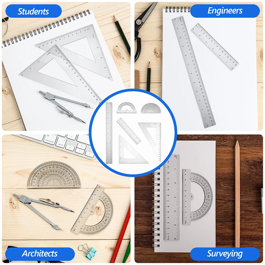 6종 기하학 측정 세트, 삼각자, 각도기, 투명 플라스틱 자, 학생용, 학교용, 제도, 엔지니어링용 도구