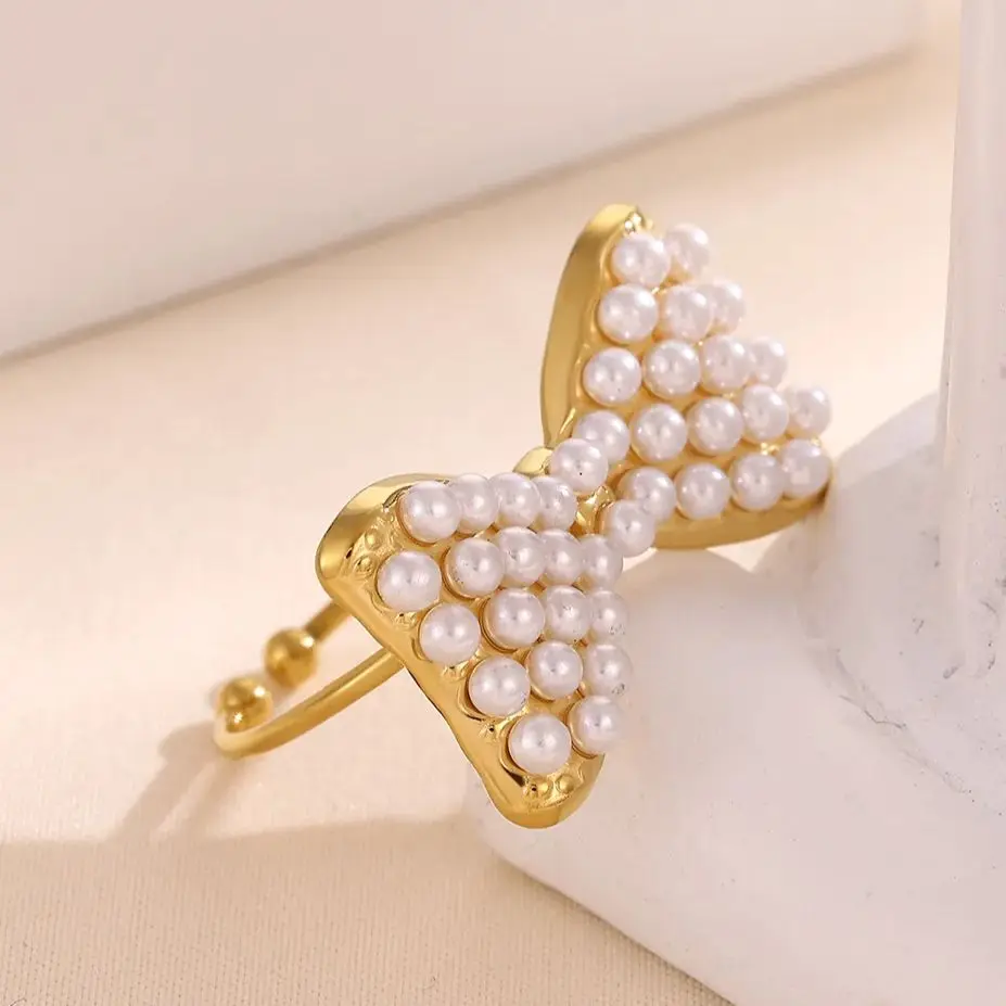 Elegant Bowknot Pearl Rings for Women Gold Color Stainless Steel
