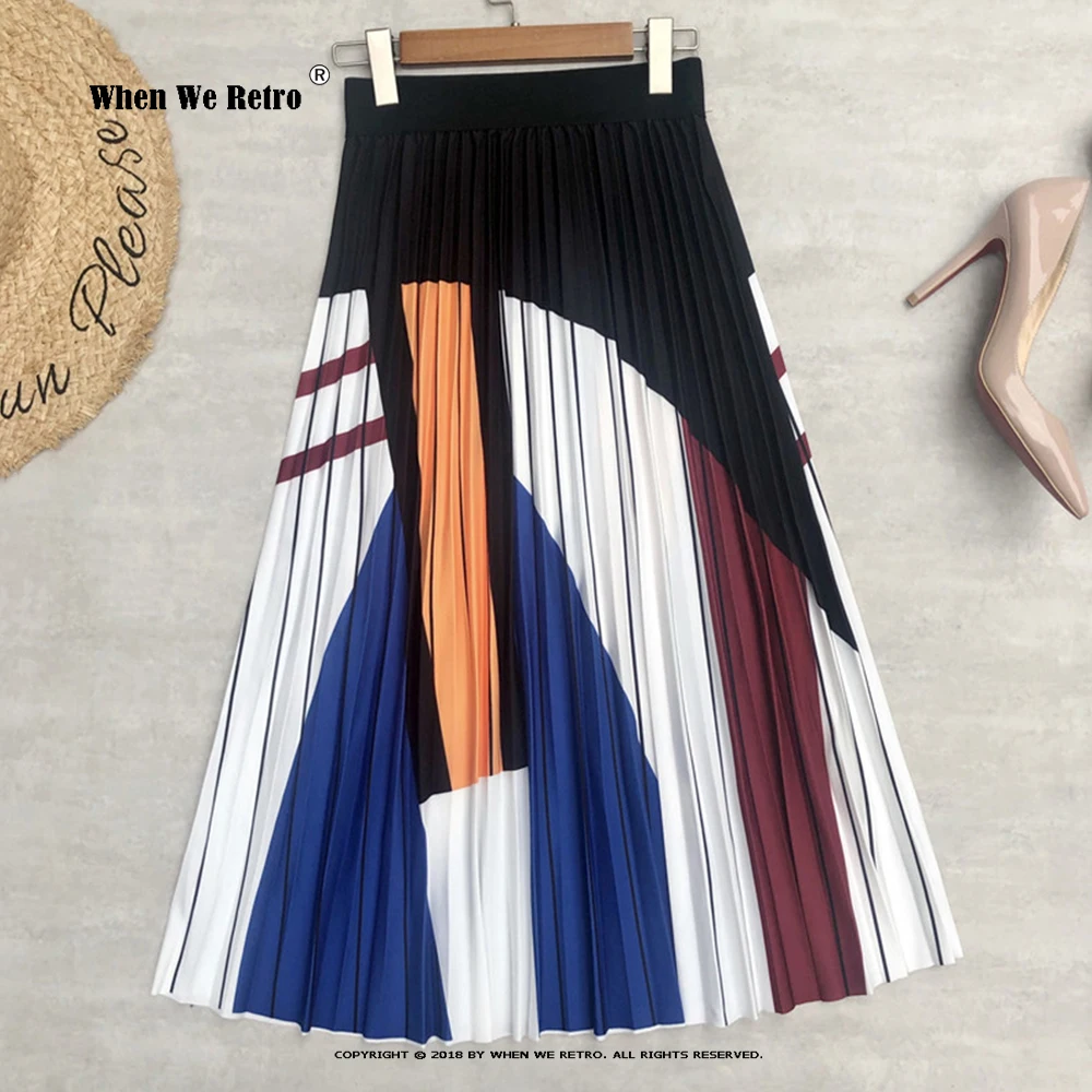 

New Fashion Geometric Print Women Skirts Korean Loose Elegant Pleated Long Skirts High Waist Abstract Mid-length Falda VD4060