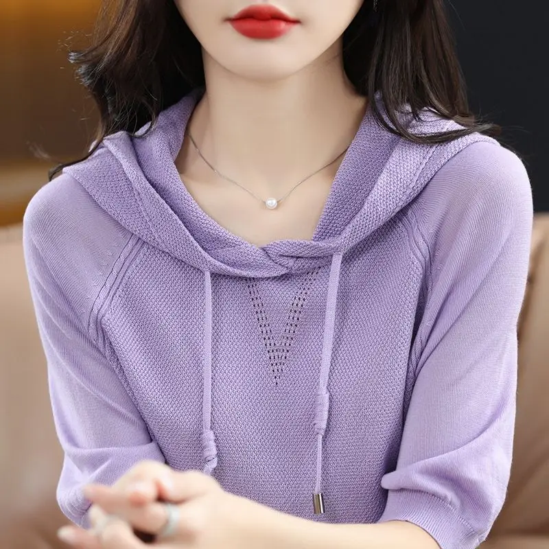 Spring Summer Women Solid Short Sleeve Knit Hoodies Versatile Loose Fashion Sweatshirts Korean Vintage Pullover Casual T-shirt