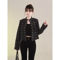 Veste Courte en Jean pour Femme, Nouveau Modèle, Style Rétro avec Boutons, Col Montant Ajusté, Manches Longues, Veste en Denim Courte 1