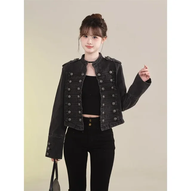 Veste Courte en Jean pour Femme, Nouveau Modèle, Style Rétro avec Boutons, Col Montant Ajusté, Manches Longues, Veste en Denim Courte 1