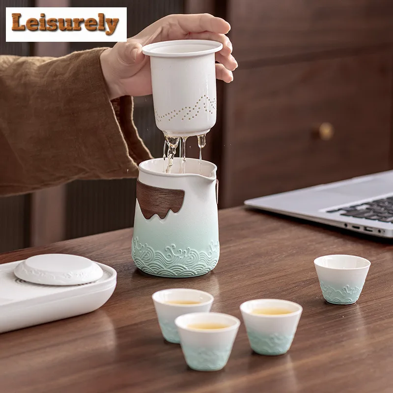 Chinese Wave Tea Travel Tea Set Kung Fu Tea Set Ceramic Portable Teapot Porcelain Teaset Filter Tea Cups Of Tea Ceremony Teaware
