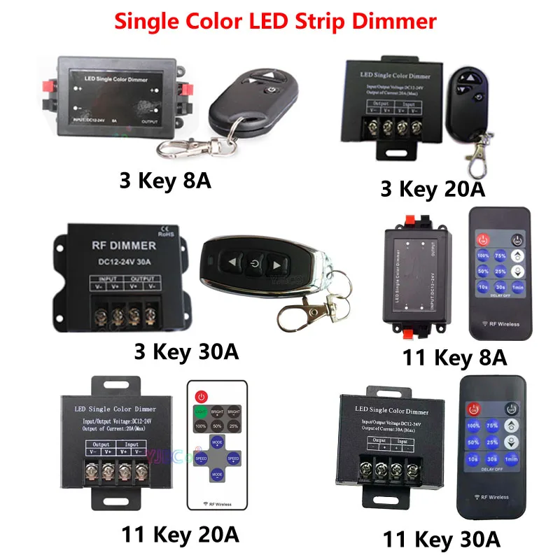 DC 12V 24V 3Key 11Key LED Single Color Dimmer 8A 20A 30A Wireless Remote Controller Dimming Switch For 5050 3528 Strip Light | Освещение