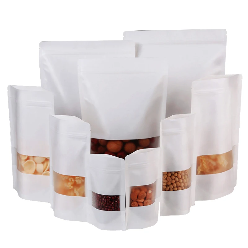 

100pcs White Paper Bags Kraft Paper Bag With Window For Gifts/Wedding/Candy/Tea Kraft Bags Crafts Stand Up Ziplock Packing Bag