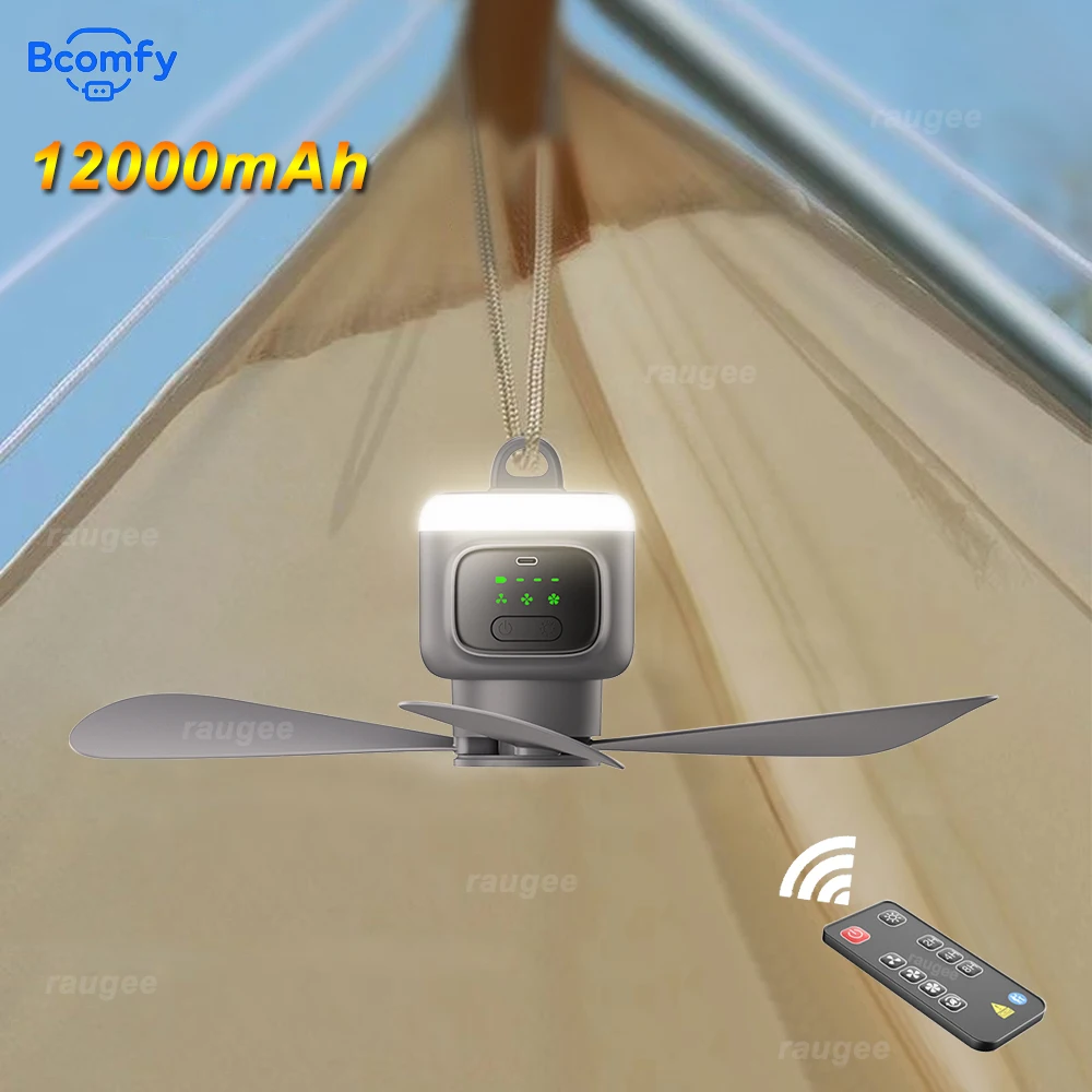 พัดลมเพดานแบบพกพาไร้สายพัดลมตั้งแคมป์เต็นท์ระบายอากาศคูลเลอร์ 12000mAh พัดลมไฟฟ้าแบบชาร์จไฟได้รีโมทคอนโทรลไฟ LED 1