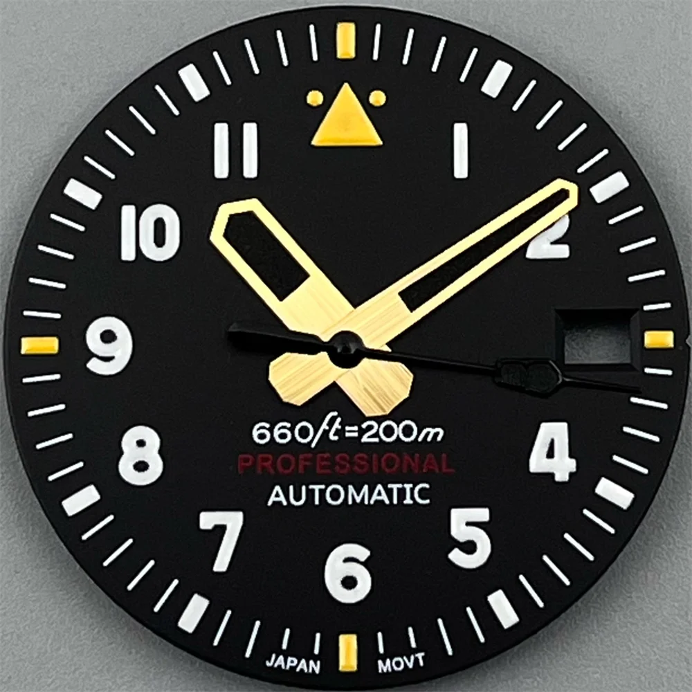 Enhanced Black Pilot Style Watch Dial and Luminous Hand Set - C3 Green Glow