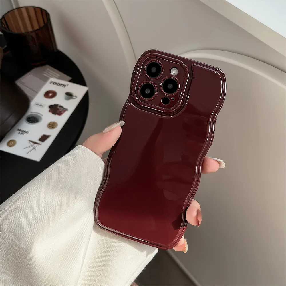 Elegant Wine Red Wavy Edge Phone Case - Soft Silicone Shockproof Protective Cover