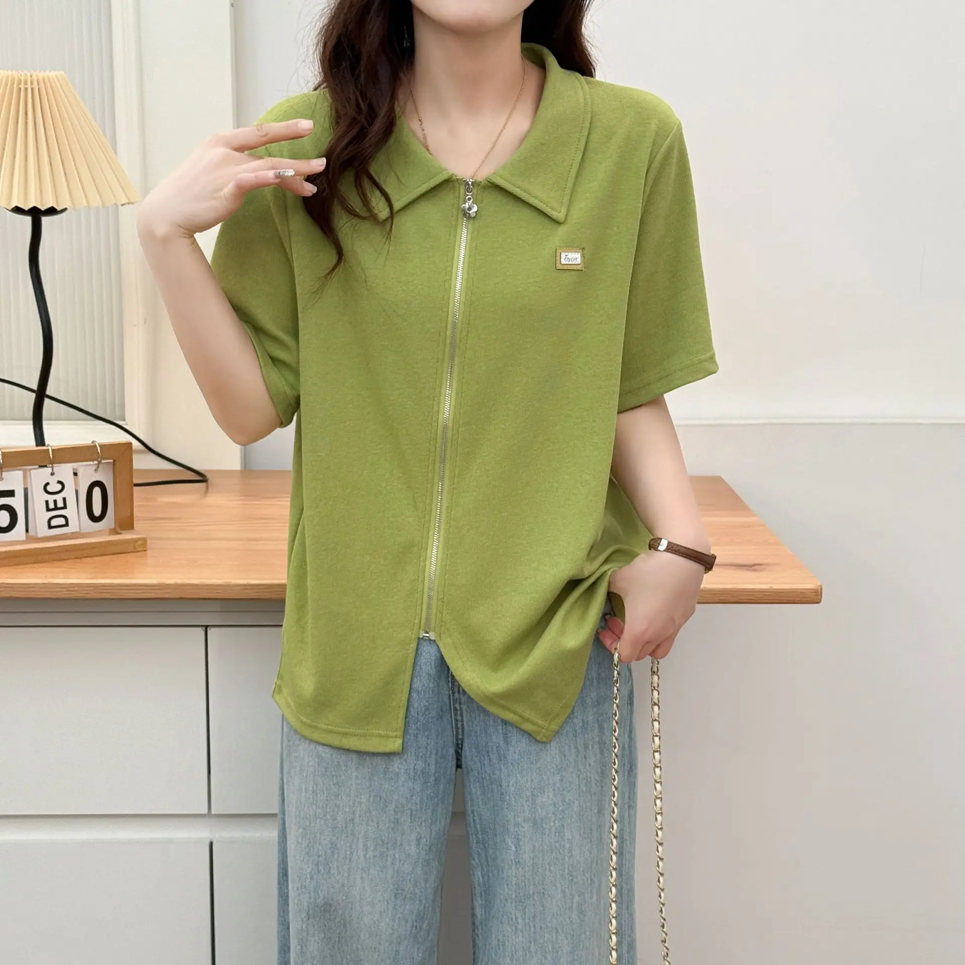 2025 Plus Size Women's Top Summer New 100kg Small Fresh Diagonal Zipper Label POLO Collar Short Sleeve T-Shirt 801