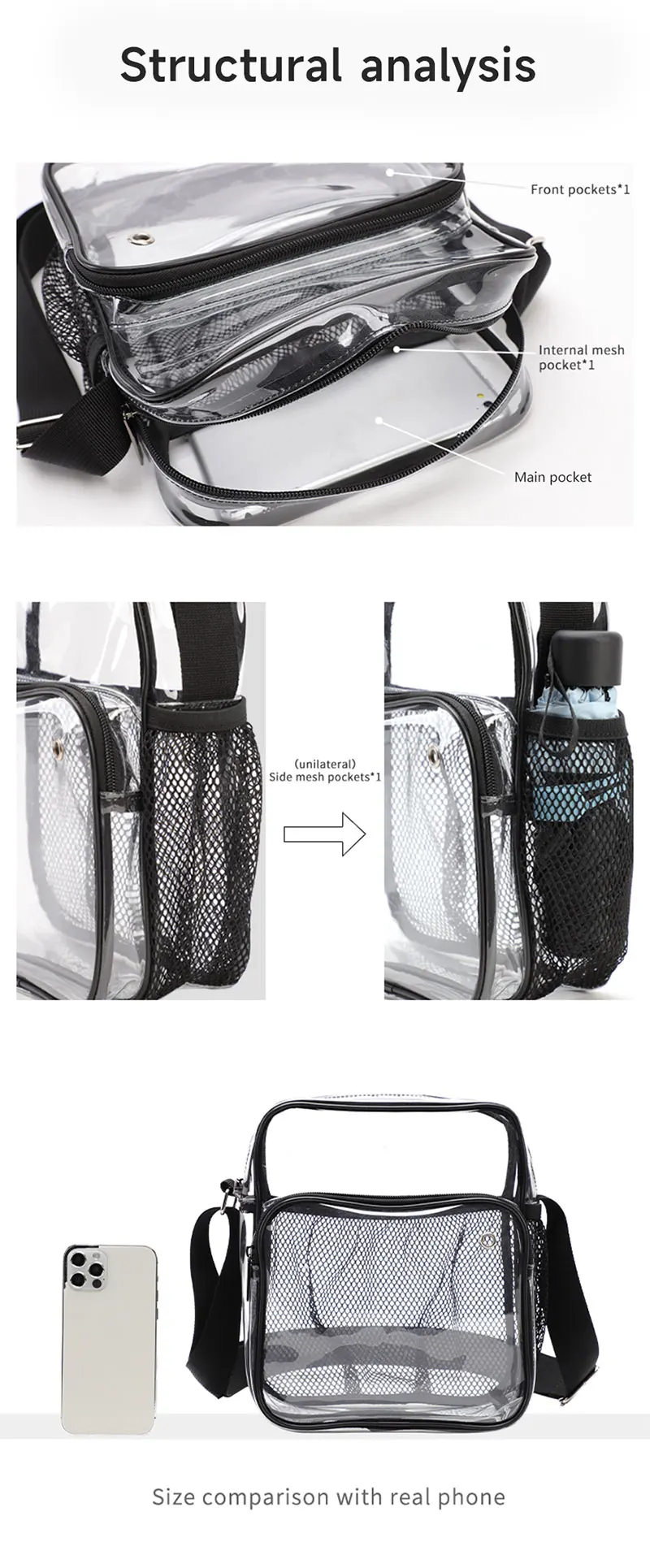 TINYAT Leichte, wasserdichte, transparente PVC-Tasche für Damen mit Netzgurt, Kopfhöreranschluss und Regenschirm, für Handys mit 9,7 Zoll iPad