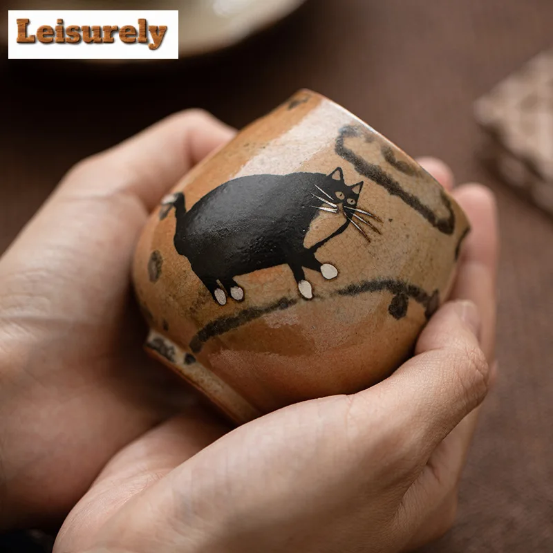 Japanese Imitation Wood-fired Porcelain Teacup Retro Zhiye Cat Ceramic Tea Bowl Household Large Single Master Mug Kung Fu Teaset