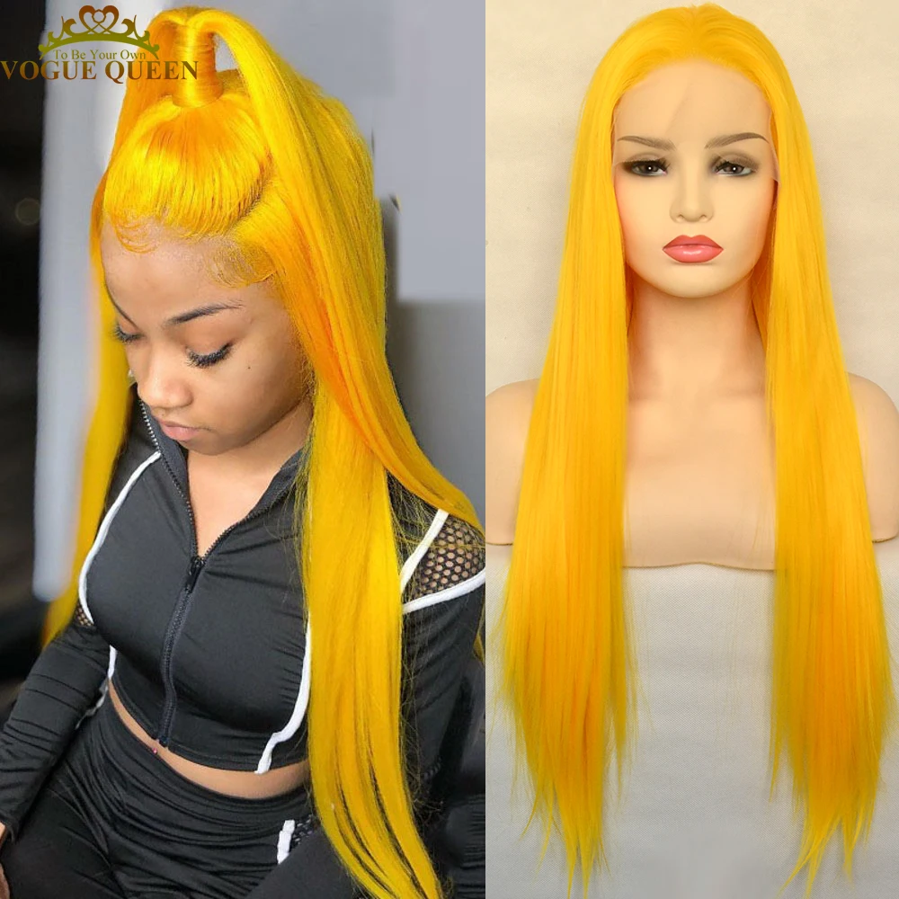 Yellow Synthetic Lace Front Wig Heat Resistant Fiber Silky Straight Natural Hairline For Women