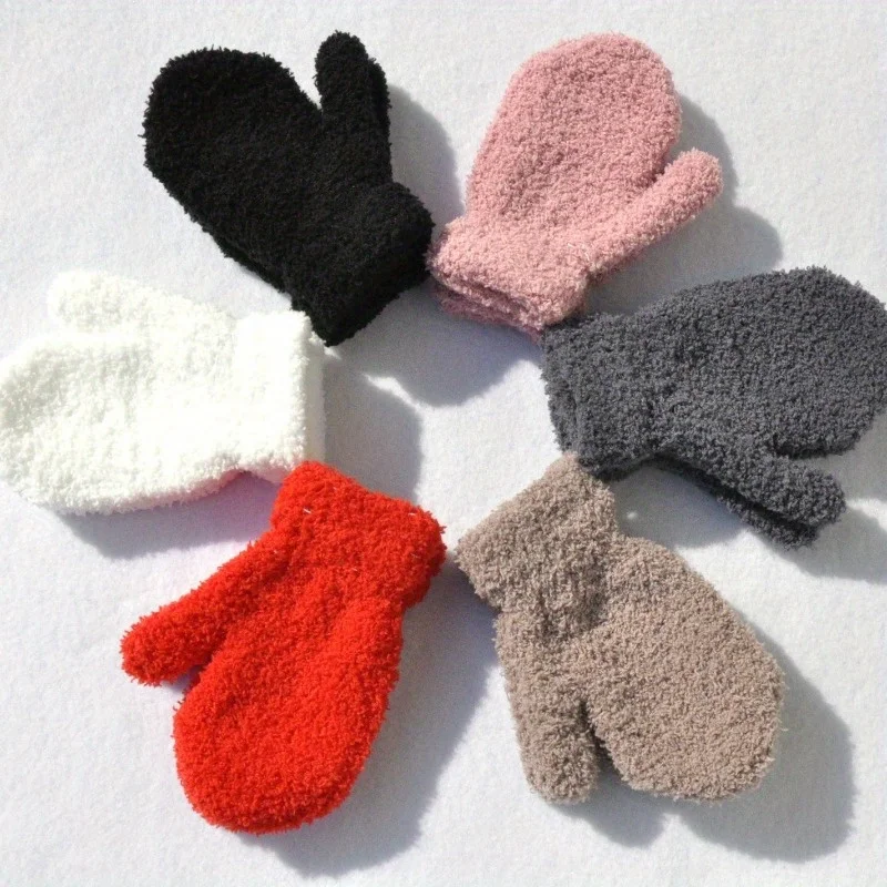 1 Pair Winter Warm Knit Wrap Gloves 1-4 Ages People Half-side Fleece and Fleece Thick Gloves