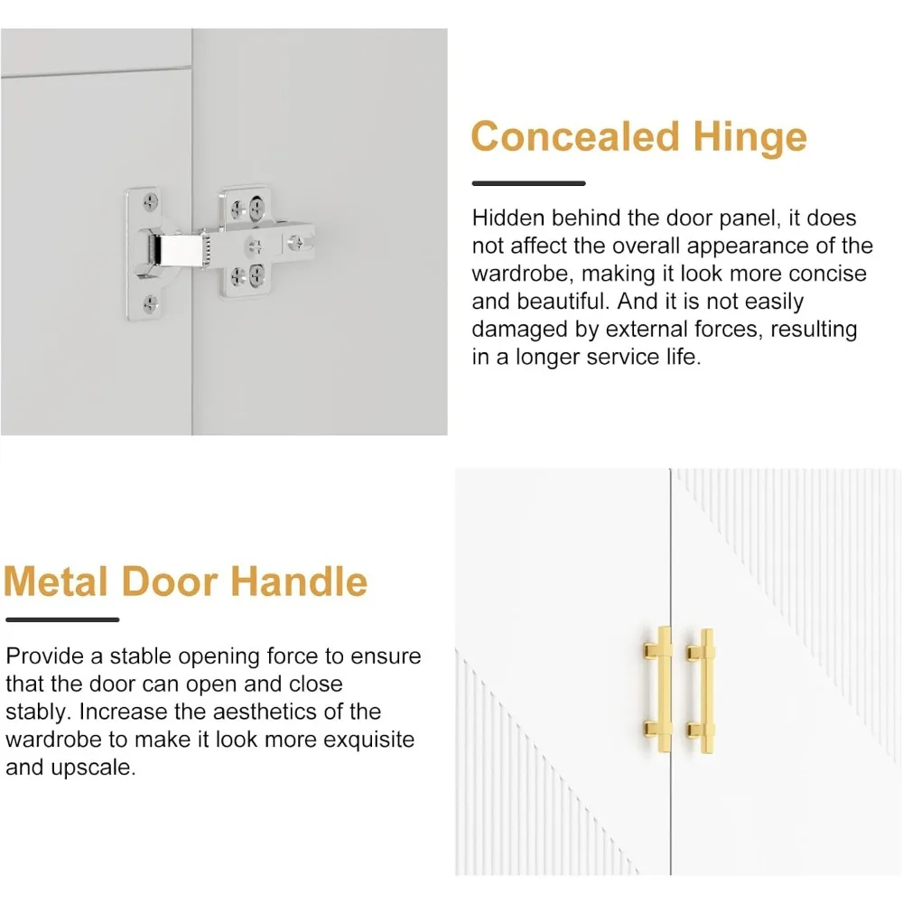 Wardrobe Armoire with 4 Doors, 4 Drawers and 2 Hanging Rods, Twill Wood Closet Storage with Metal Cabinet Legs, Wardrobes 3