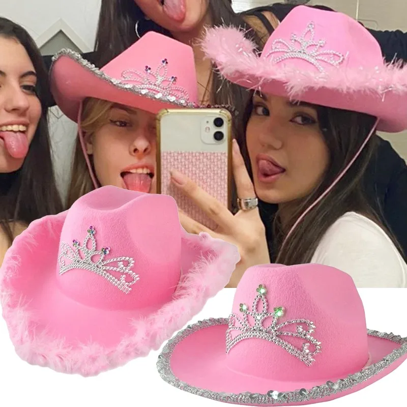 

Pink Crown Western Cowgirl Hat Women Girls Tiara Feather Felt Sequin Cowboy Cap Costume Party Jazz Caps Halloween Cosplay Props