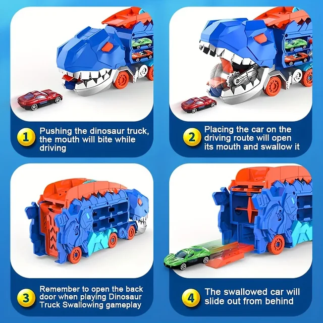 Transport Dinosaur Hauler Truck Foldable Sliding 25 Inch Race Track Transforms into Standing T-rex with 4 Die-cast Cars Toy Kids 2