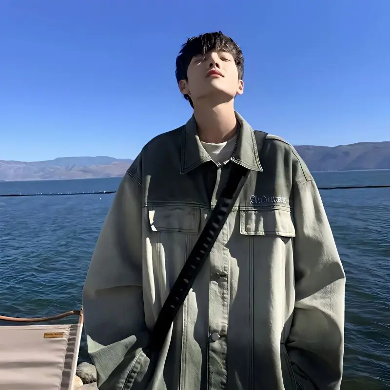 

New Men Denim Jacket Vintage Hip Hop Streetwear Trench Coat Motorcycle Jacket Spring and Autumn Overcoat Long Sleeve Casual