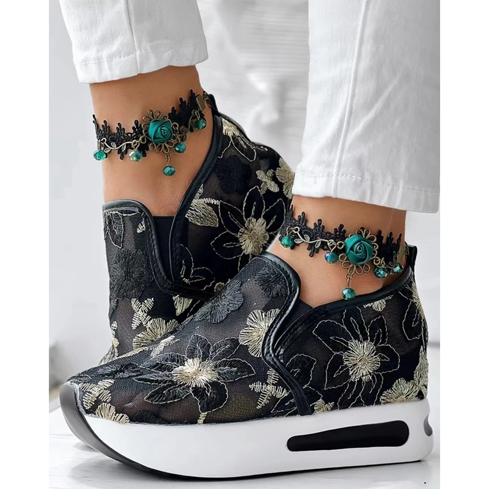 Women Going Out Floral Pattern Round Toe Mesh Sneakers Spring Fashion Casual Round Toe Platform Slip-on Shoes Flats Canvas