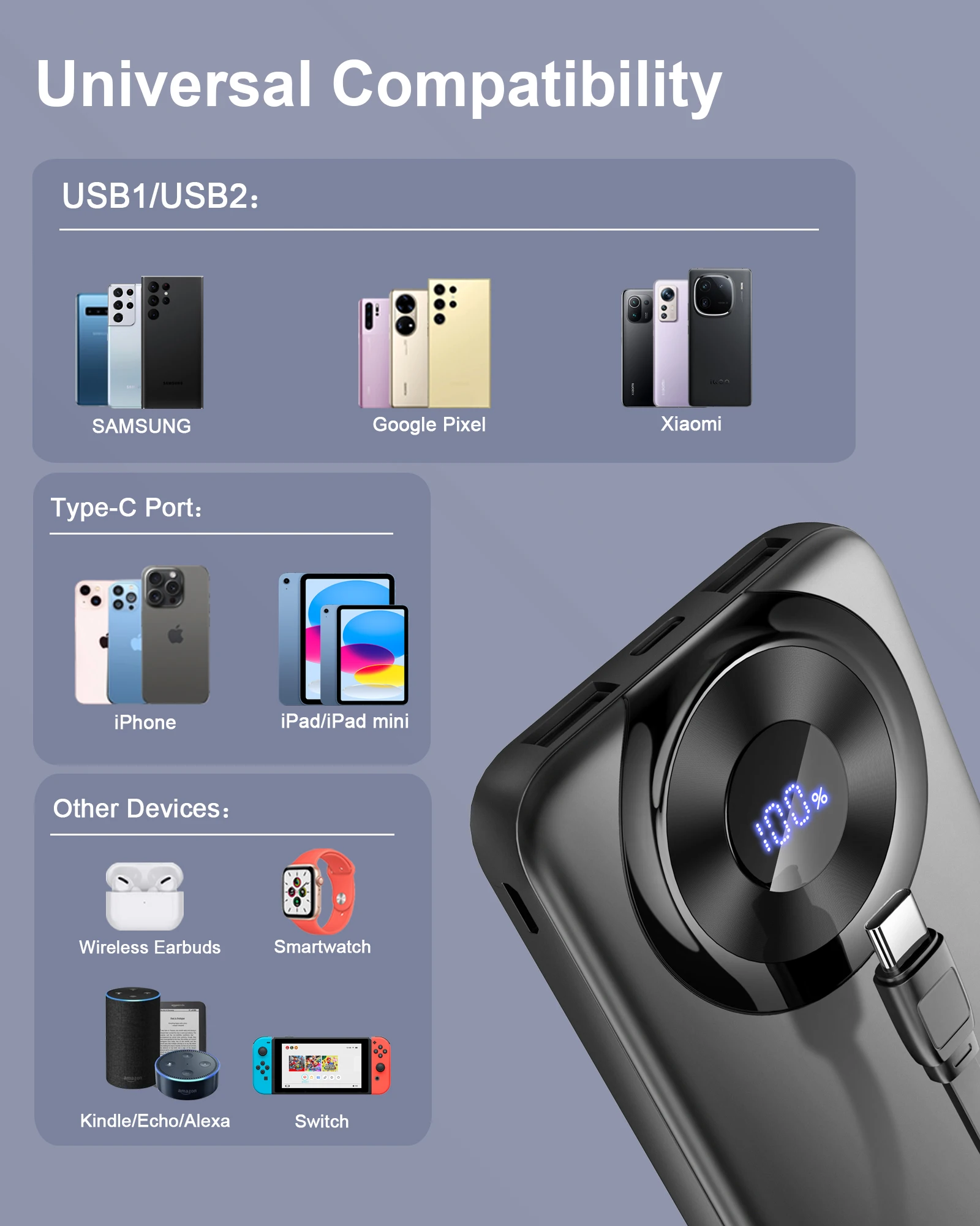 Portable Charger 10000mAh, Power Bank High-Speed Charging with Built in Cable 5V/3A Slim Battery Pack, USB-C in&Out Powerbank. 6
