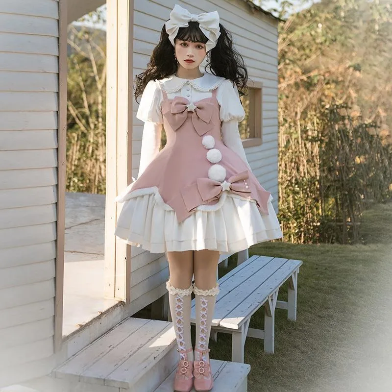 Sweet Girly Pink Bow Lolita Dress Loose Long Sleeve Sweet Kawaii Tea Party Princess Cos Lolita OP Dress Fairy