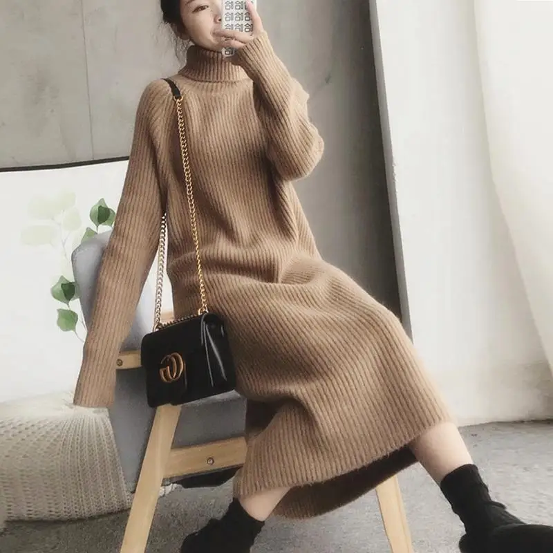 

Thick Knitted Dress Turtleneck Loose Korean Knitwear Midi Dresses Elegant Casual Sweater Vestidos Women Fall Winter New Robe