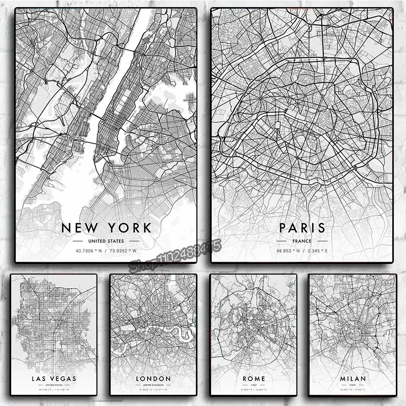 City Map Artwork Paris New York Canvas Painting HD Printed Black and - City Map Artwork Paris New York Canvas Painting HD Printed Black And White Map Wall Art 
