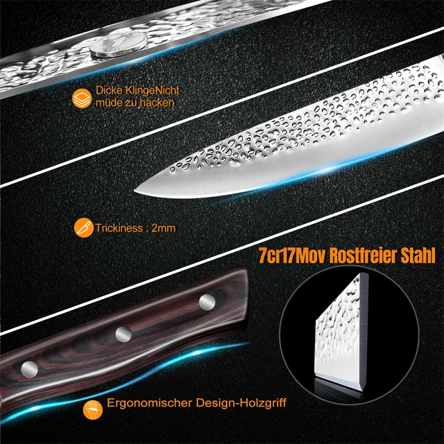 8pcs Chef Knife Kitchen Knives Set Hammer Pattern Sharp Cutting Blade Meat Salmon Slicing Knives Santoku Knives Cooking Tools 3