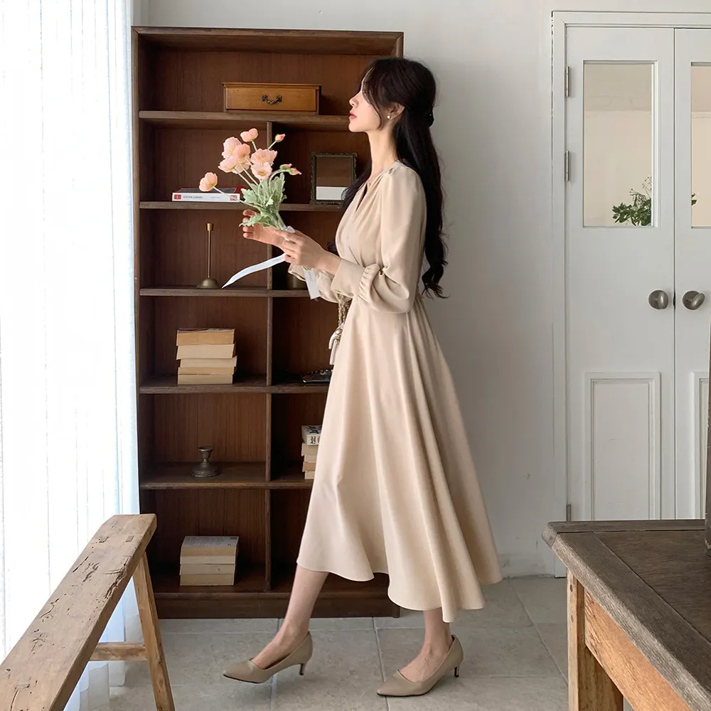 Korean Fashion Autumn Midi Dresses for Women Long Sleeves V-neck A-line Solid Casual Dress Office Lady Clothing New
