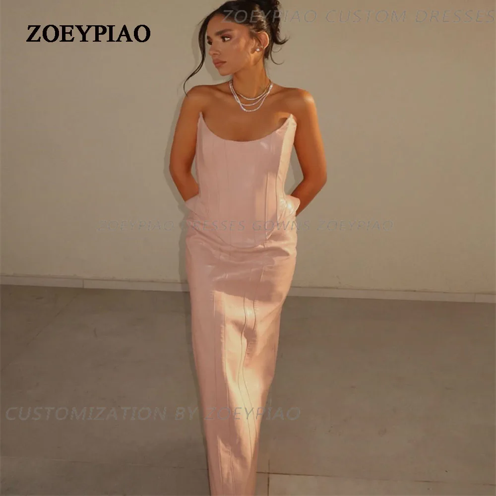 Light Pink Guest Evening Dress Sexy Strapless Formal Women Satin Prom Dresses Evening Wear Israeli Long Cocktail Party Gowns