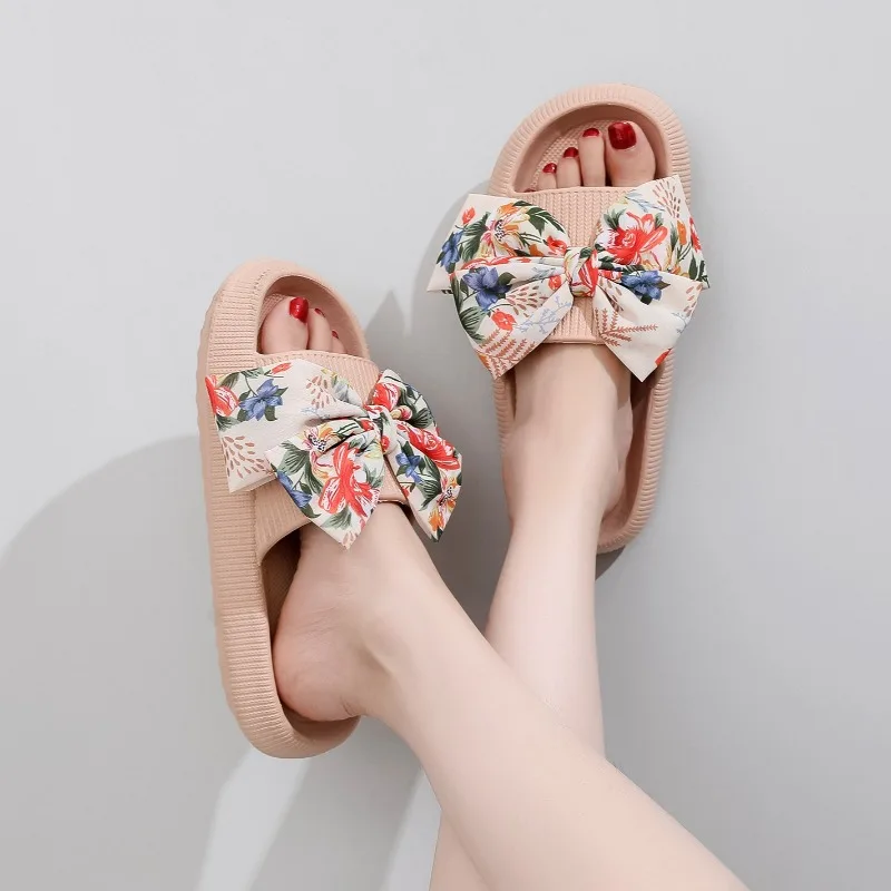 Boho Women Comfort Bow Soft Thick-Soled Cloud Slippers Travel Vacation Beach Shoes New Ladies Sandals