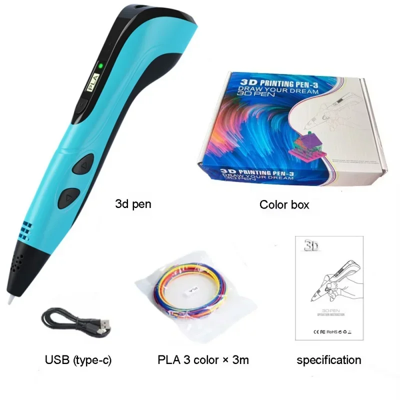 어린이용 3D펜, 창의력 개발 장난감 DIY 3D 프린팅 펜, 타입-C 충전식 3D펜 세트, 어린이 선물용 200M PLA 필라멘트 포함