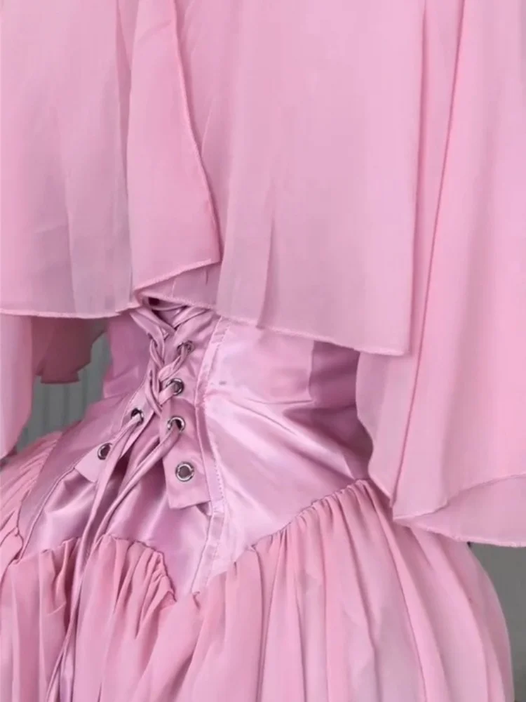 Wmstar Dress Women Wholesale Stock 2025 Cross Border Clothing Pink Chiffon Summer Short Sleeved Elegant V Neck Cinched Waist