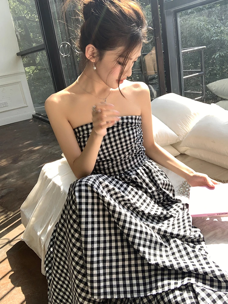 Casual Strapless Midi Dresses for Women Striped Sleeveless A-line Korean Chic Summer New Party Dress Vestidos Mujer