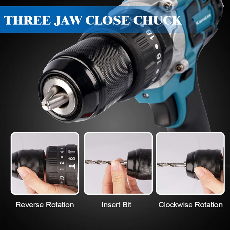 Kamolee 도구 10mm/13mm 18v/21V 배터리 용 브러시리스 무선 전기 임팩트 드릴 홈 DIY